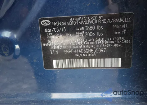 2016 Hyundai Elantra Se z USA, uszkodzony, nr VIN 5NPDH4AE3GH655097